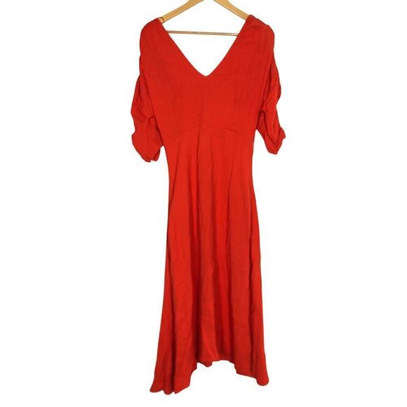 Nicholas Dress Ruched Gathered Puff Sleeve V-Neck A-Line Midi Red Size 6 - Picture 2 of 7